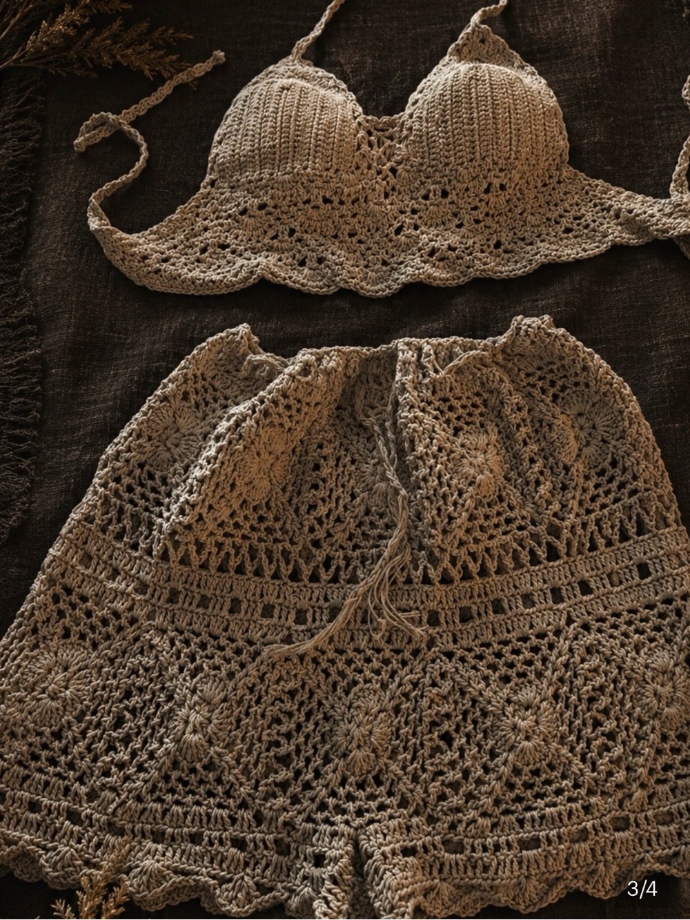 Handcrafted Crochet Beach set in Tan - Summer Drawstring Shorts & Bralette - Picture 2 of 3